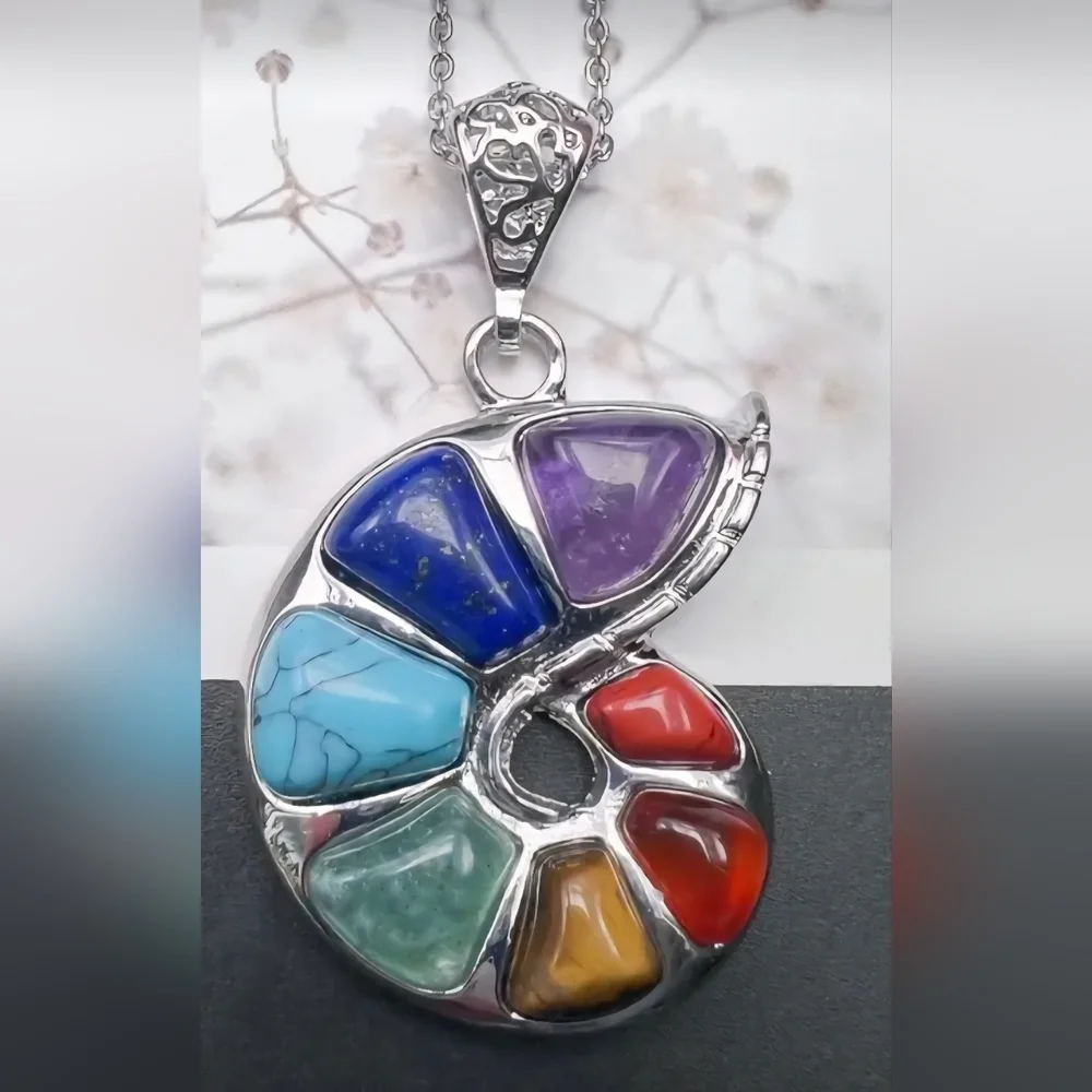 Multicolor Nautilus Natural 7 Stone Pendant Necklace